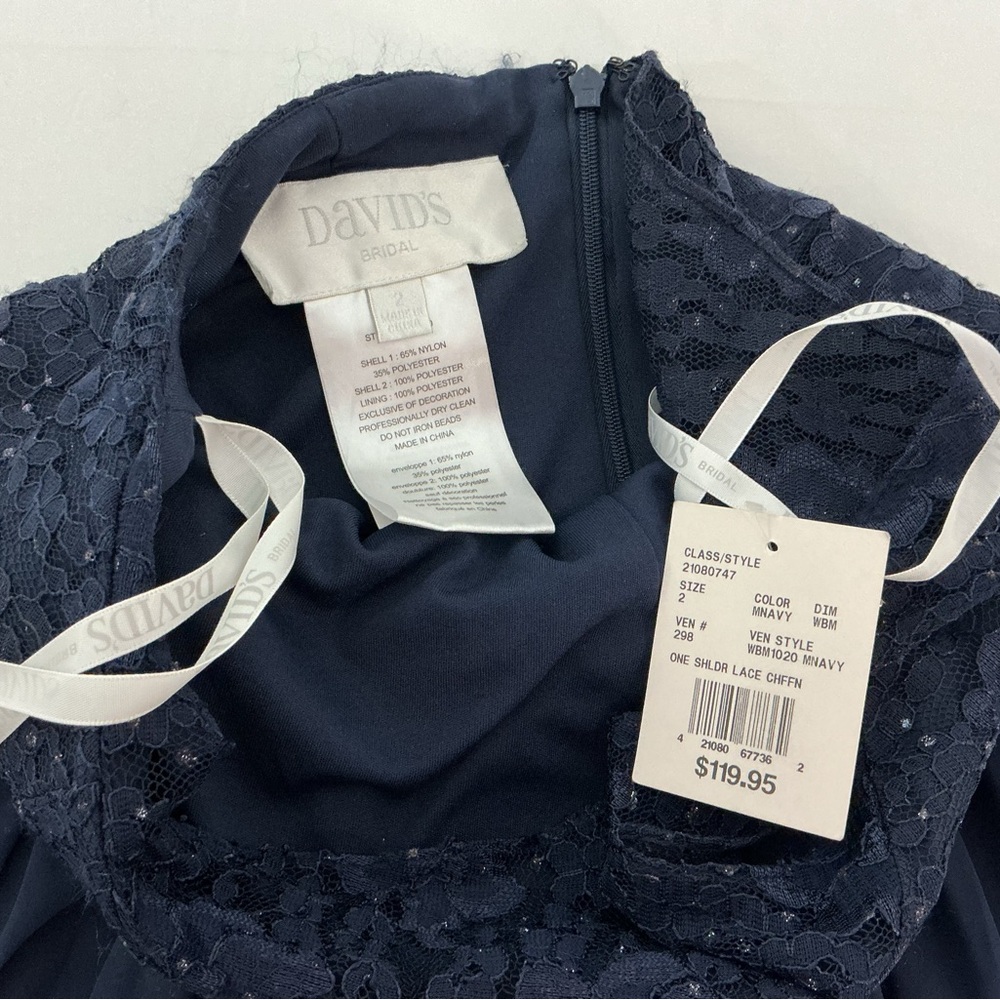 David's Bridal Navy Strapless Lace Bodice Gown with Beaded Waist - Picture 5 of 9